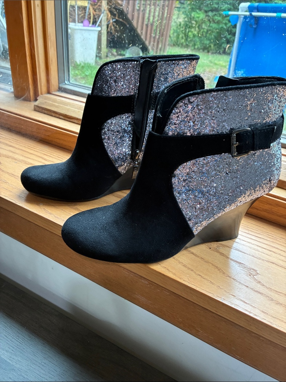 Women's Black Suede Wedge Ankle Boots with Silver Glitter Panels